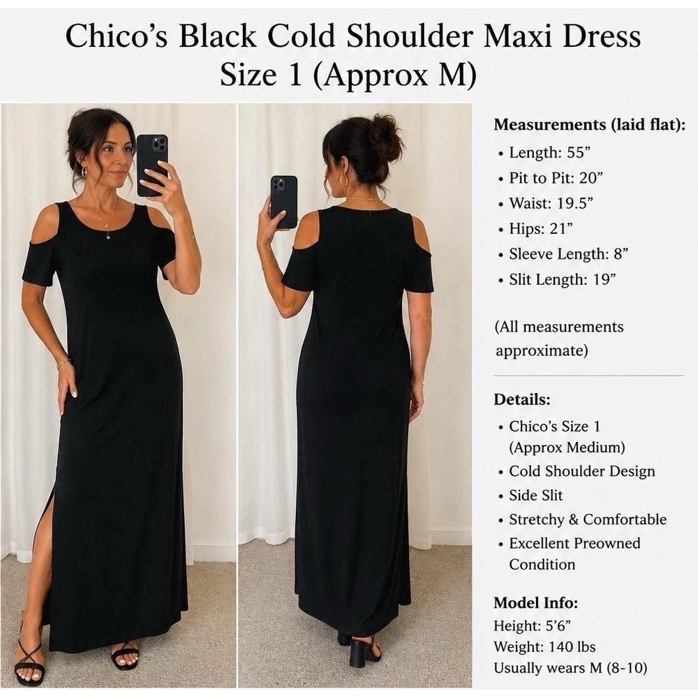 Chicos Size 1 Black Cold Shoulder Dress Womens Stretch Short Sleeve Maxi - Picture 1 of 12
